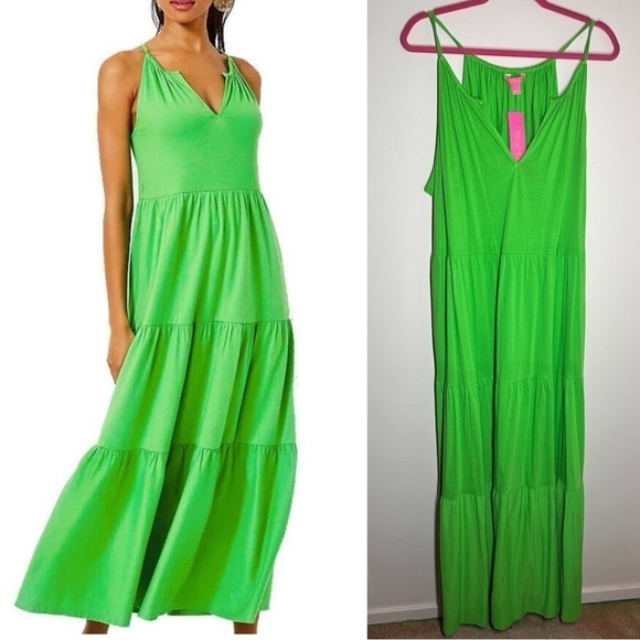 Lilly Pulitzer Gecko Green Maribella Halter Maxi Dress Tiered Swing Size XXL NEW - Picture 1 of 4